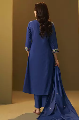 Navy blue embroidery pure cotton flared kurta set with dupatta