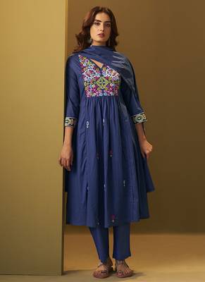 Navy blue embroidery pure cotton flared kurta set with dupatta 3