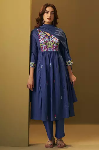 Navy blue embroidery pure cotton flared kurta set with dupatta