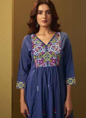 Navy blue embroidery pure cotton flared kurta set with dupatta 4