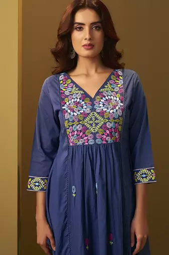 Navy blue embroidery pure cotton flared kurta set with dupatta