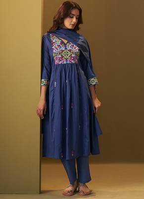 Navy blue embroidery pure cotton flared kurta set with dupatta 5