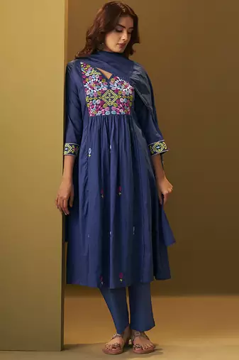 Navy blue embroidery pure cotton flared kurta set with dupatta