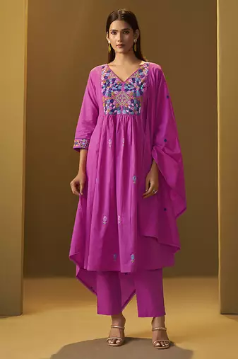 Light pink embroidery pure cotton flared kurta set with dupatta