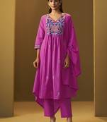 Light pink embroidery pure cotton flared kurta set with dupatta