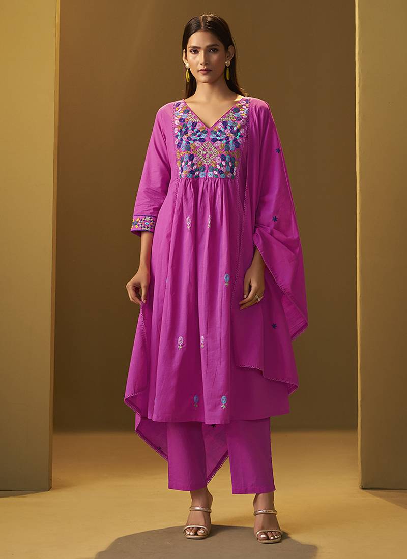 Light pink embroidery pure cotton flared kurta set with dupatta