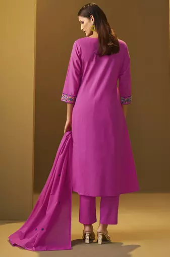 Light pink embroidery pure cotton flared kurta set with dupatta