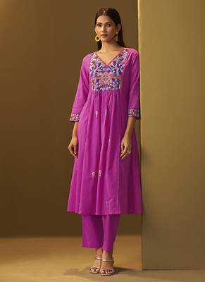 Light pink embroidery pure cotton flared kurta set with dupatta 3