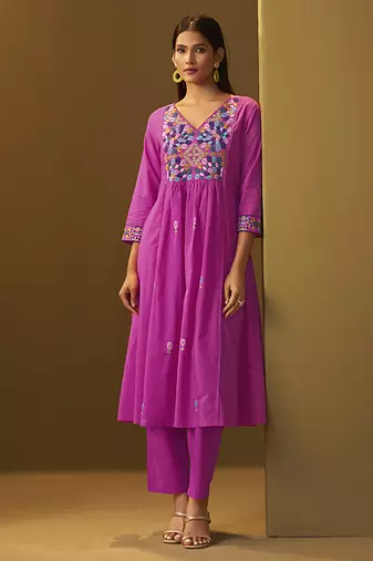 Light pink embroidery pure cotton flared kurta set with dupatta