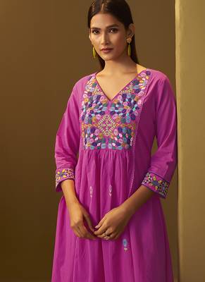 Light pink embroidery pure cotton flared kurta set with dupatta 4