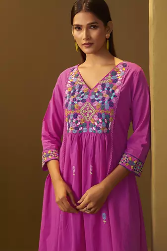 Light pink embroidery pure cotton flared kurta set with dupatta