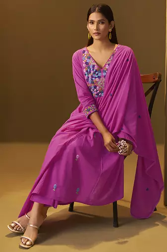Light pink embroidery pure cotton flared kurta set with dupatta