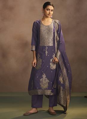 Lilac jacquard art silk straight kurta set with dupatta 1