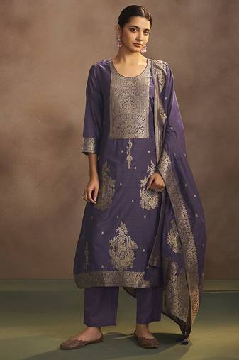 Lilac jacquard art silk straight kurta set with dupatta