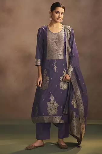 Lilac jacquard art silk straight kurta set with dupatta