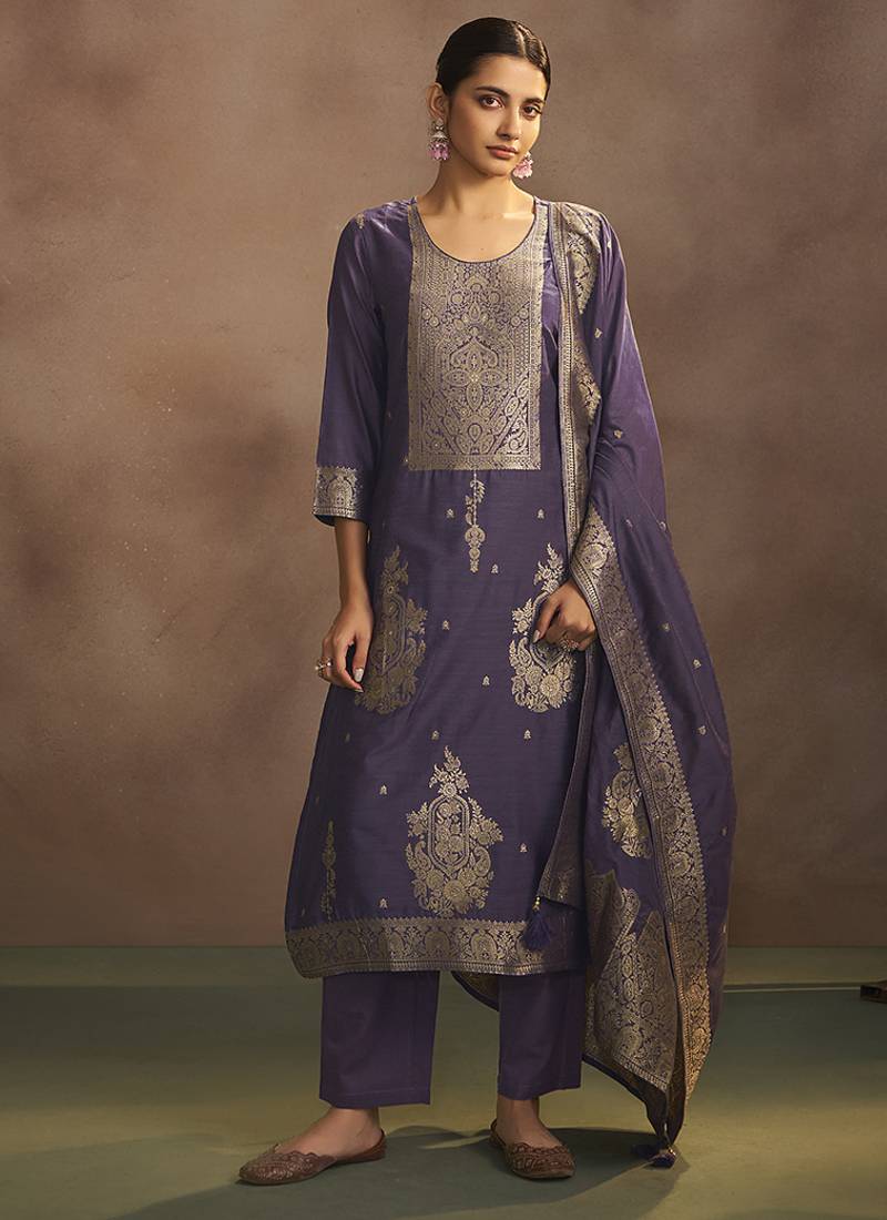 Lilac jacquard art silk straight kurta set with dupatta
