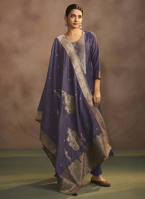 Lilac jacquard art silk straight kurta set with dupatta 2