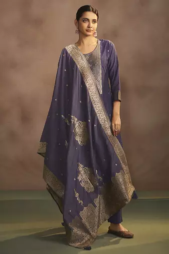 Lilac jacquard art silk straight kurta set with dupatta