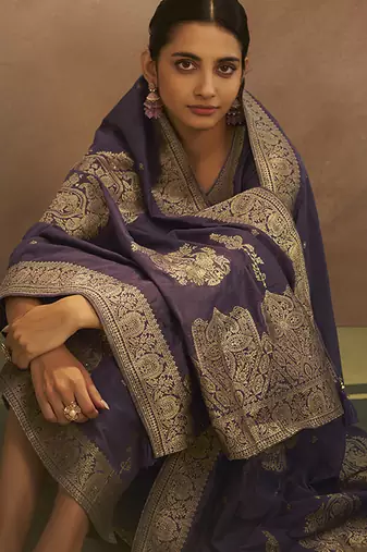 Lilac jacquard art silk straight kurta set with dupatta