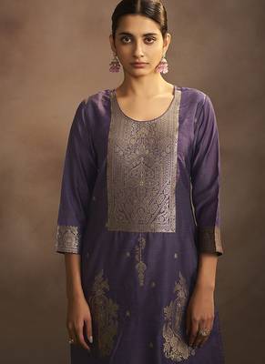 Lilac jacquard art silk straight kurta set with dupatta 4