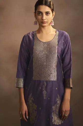 Lilac jacquard art silk straight kurta set with dupatta