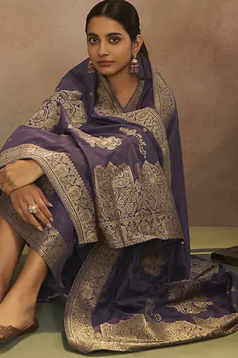 Lilac jacquard art silk straight kurta set with dupatta