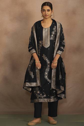 Black jacquard art silk straight kurta set with dupatta