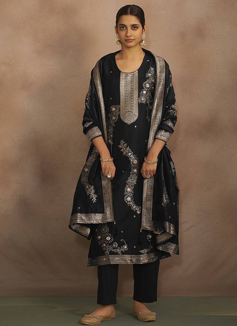 Black jacquard art silk straight kurta set with dupatta