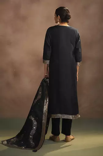 Black jacquard art silk straight kurta set with dupatta
