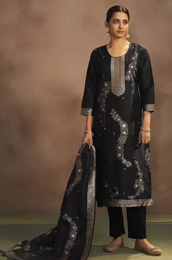 Black jacquard art silk straight kurta set with dupatta