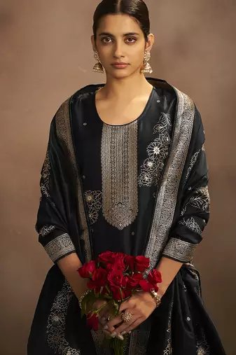 Black jacquard art silk straight kurta set with dupatta
