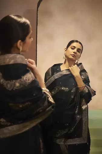 Black jacquard art silk straight kurta set with dupatta