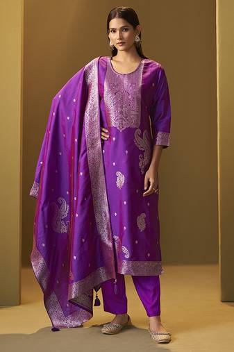 Purple jacquard art silk straight kurta set with dupatta for women
