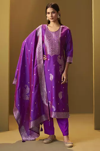 Purple jacquard art silk straight kurta set with dupatta for women