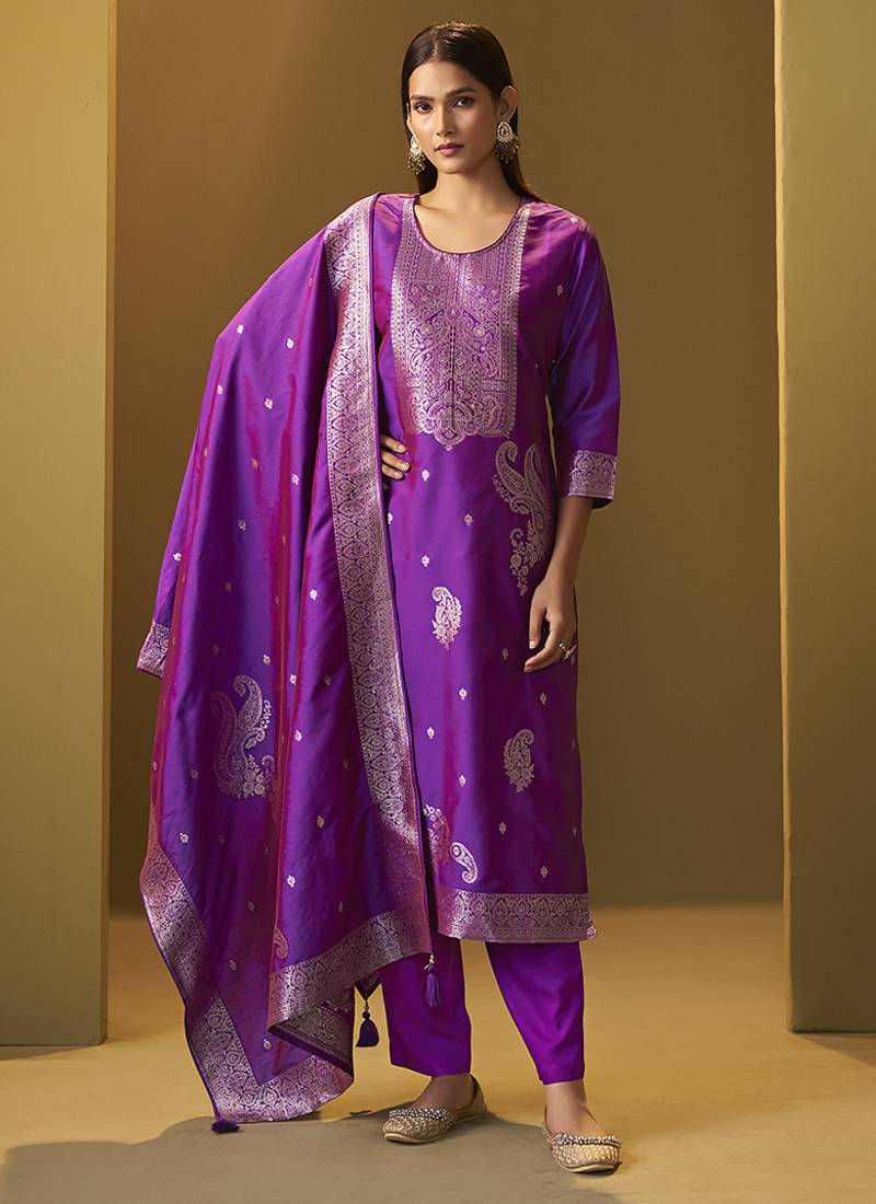 Purple jacquard art silk straight kurta set with dupatta for women