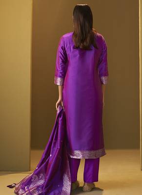 Purple jacquard art silk straight kurta set with dupatta for women 2