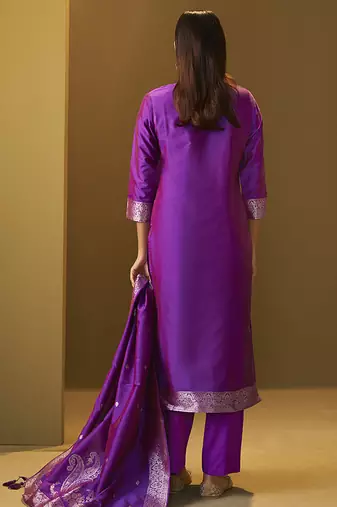 Purple jacquard art silk straight kurta set with dupatta for women