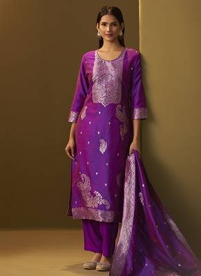 Purple jacquard art silk straight kurta set with dupatta for women 3