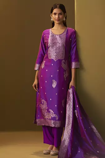 Purple jacquard art silk straight kurta set with dupatta for women