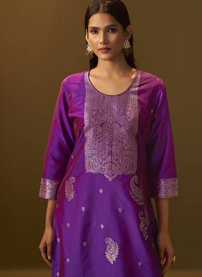 Purple jacquard art silk straight kurta set with dupatta for women 4