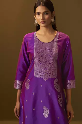Purple jacquard art silk straight kurta set with dupatta for women