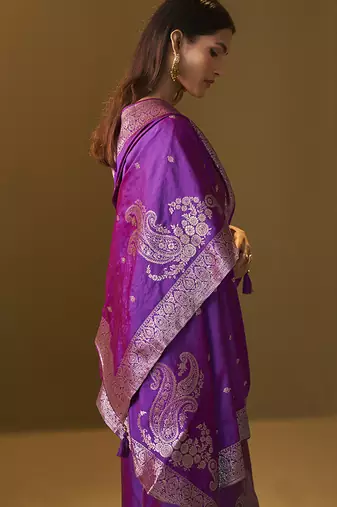 Purple jacquard art silk straight kurta set with dupatta for women