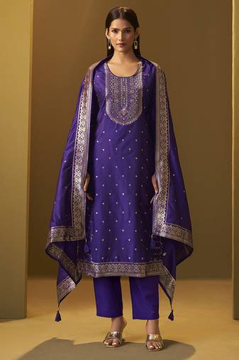 Navy blue jacquard art silk straight kurta set with dupatta for women