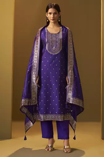 Navy blue jacquard art silk straight kurta set with dupatta for women