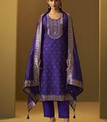Navy blue jacquard art silk straight kurta set with dupatta for women