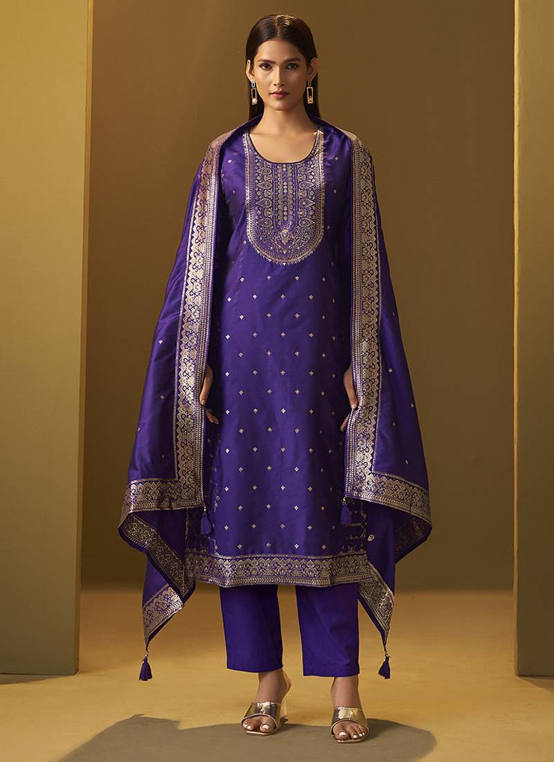 Navy blue jacquard art silk straight kurta set with dupatta for women