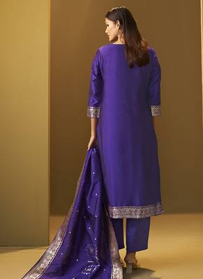 Navy blue jacquard art silk straight kurta set with dupatta for women 2