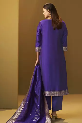 Navy blue jacquard art silk straight kurta set with dupatta for women