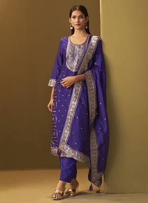 Navy blue jacquard art silk straight kurta set with dupatta for women 3