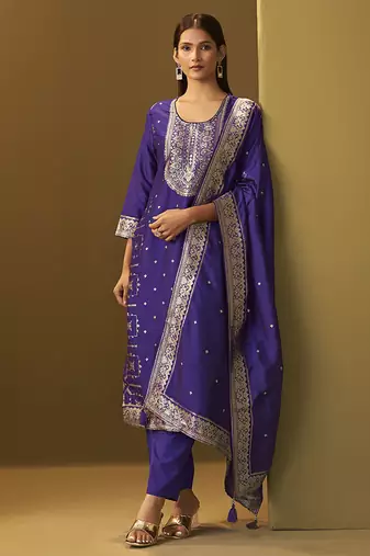 Navy blue jacquard art silk straight kurta set with dupatta for women